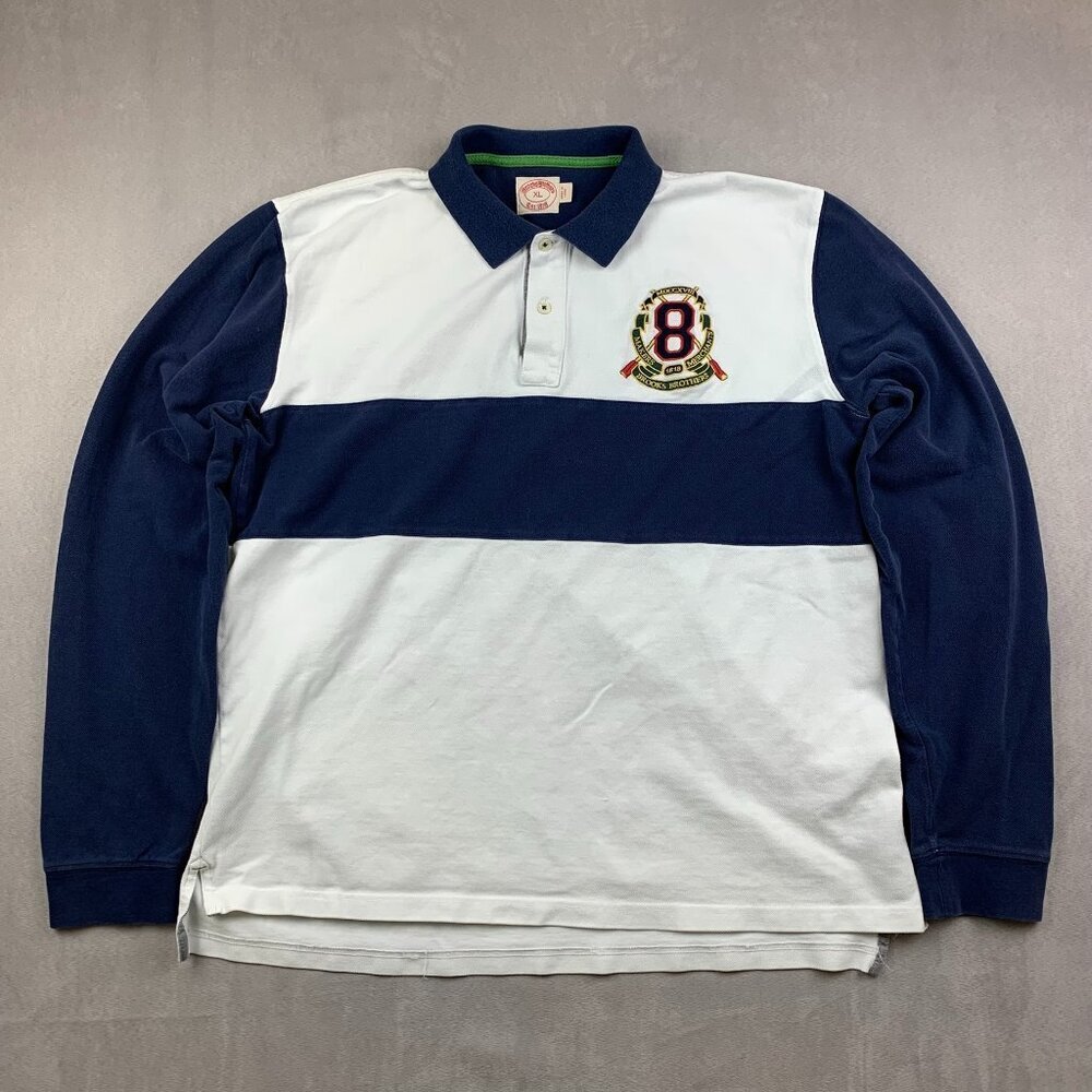 Brooks Brothers Mens Shirt XL White Blue Colorblock Rugby Polo Long Sleeve Crest